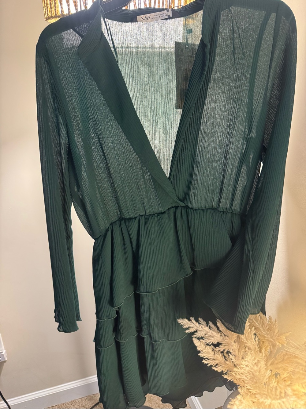 Zara Dark Green Plisse Tiered V-Neck Dress